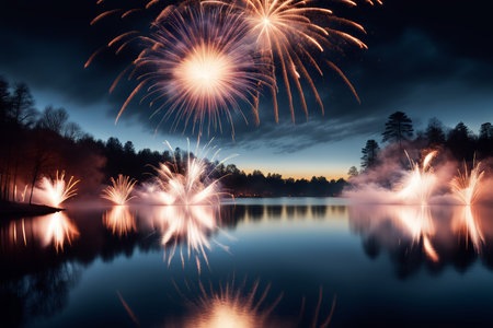 A stunning display of fireworks over calm water at dusk with trees visible in silhouette against a darkening sky.の素材