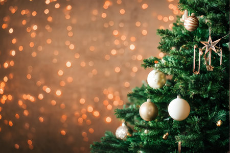 A decorated Christmas tree with lights in warm bokeh style out of focus background; ornaments include white, gold, brown striped, silver glittery balls, a wooden star shape ornamenの素材