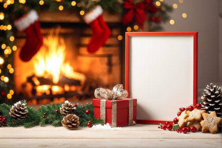 A festive scene featuring red stockings above a fireplace with glowing flames, surrounded by Christmas decorations such as pine cones, holly berries, a gift box adorned with tinselの素材