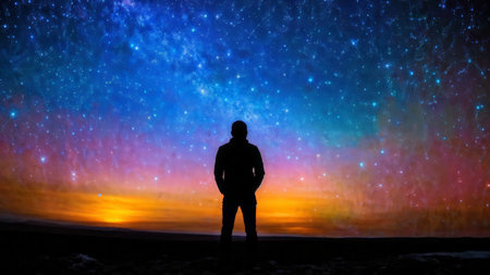 Silhouette of person standing against vibrant starry sky during sunset or sunrise in dark landscape; hues of blue, purple, red, orange, yellow blend together above land visible belの素材