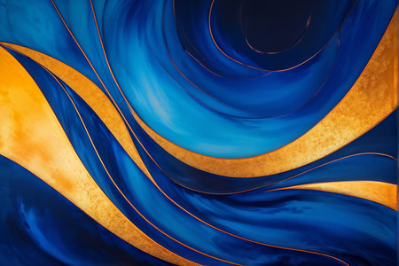 An abstract artwork with smooth flowing lines in blue shades accented by bright orange hues.の素材