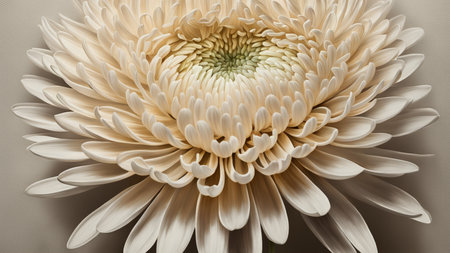 A realistic depiction of an off-white chrysanthemum flower with pale yellow center set against a neutral background, emphasizing its delicate petals in a symmetrical arrangement.の素材