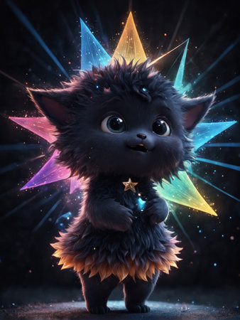Adorable CGI animal with vibrant color accents in dynamic pose against sparkling background.の素材