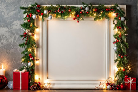 A white-framed photo with Christmas decorations including greenery adorned by red ornaments and silver baubles is displayed against a textured grey background alongside lit candlesの素材