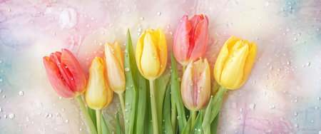 Bouquet of tulips on a pink background with water dropsの素材