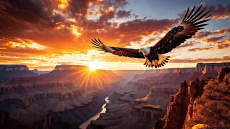 A soaring eagle in silhouette against a radiant sunset over layered red canyon walls.の素材