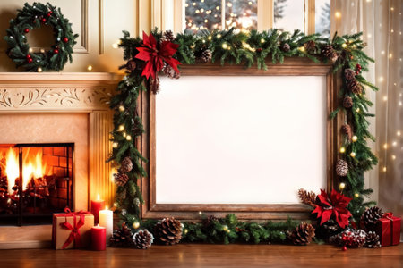 A festive indoor scene with greenery decorations, pine cones, candles, gifts, garland around fireplace mantel, lit candles and a glowing Christmas wreath above it.の素材