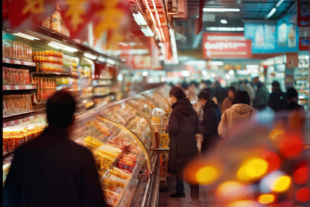 An indoor scene of people shopping in a supermarket with blurred background lights; customers browsing items at refrigerated display cases containing cheese products.の素材