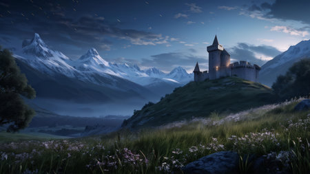 A castle is perched atop a hill surrounded by snowy mountains under a night sky with star trails in this computer-generated illustration of an epic fantasy setting.の素材