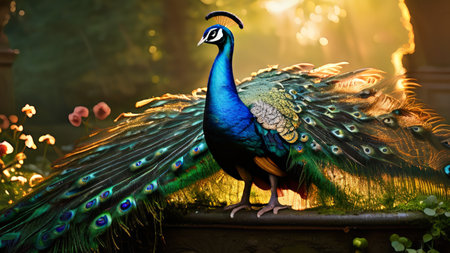 The photo captures a vibrant peacock with an elaborate display of feathers in hues of blue, green, gold, and brown against blurred foliage and flowers, conveying elegance and naturの素材