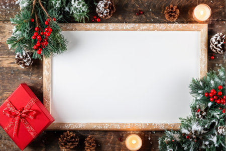 A wooden frame with snowy pine branches, red berries, pine cones, candlelight, and a gift box is surrounded by snow-covered evergreens creating a festive scene in white hues againsの素材