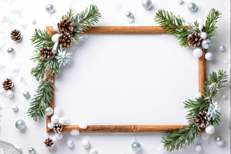 A framed photo with Christmas decorations including pine cones, faux snow, and silver ornaments around it on white background; some confetti-like pieces are scattered in corners.の素材
