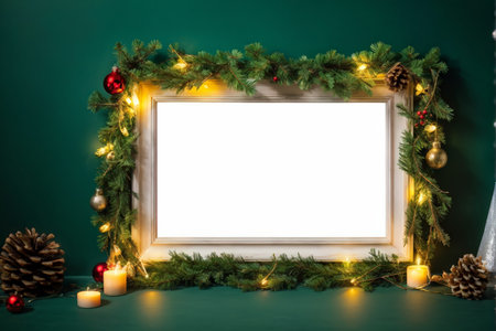 A picture frame decorated with Christmas decorations is illuminated against a dark green backdrop in this festive holiday-themed photograph.の素材