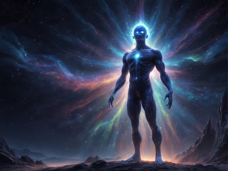 A blue-skinned figure with glowing eyes stands in an otherworldly landscape under a starry sky illuminated by colorful nebulae. The atmosphere is ethereal and mysterious.の素材