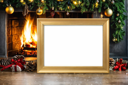 A Christmas-themed scene with golden ornaments above an active fireplace is set against a dark backdrop; in front of it lies a blank gold-framed picture stand.の素材
