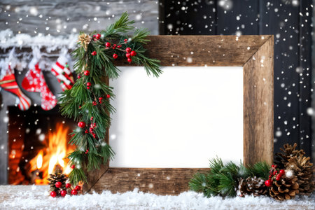 A wooden photo frame decorated with festive elements like pinecones, berries, fir branches is set against a backdrop of a cozy fireplace scene during winter snowfall. The items areの素材