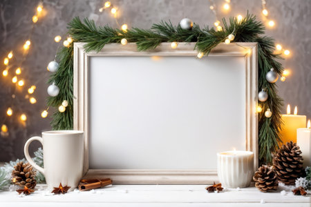 A rustic white-framed mirror adorned with greenery branches embellished with silver ornaments is set against a backdrop of warm fairy lights. On its ledge rest two mugs filled withの素材