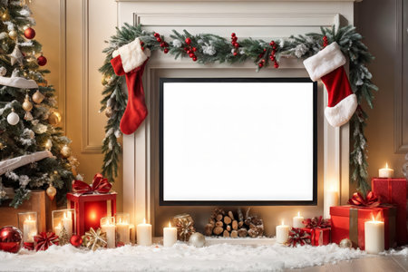 A festive Christmas display with stockings over a fireplace mantel, a lit Christmas tree adorned with ornaments, red candles, wrapped gifts in varying shades of red, gold decoratioの素材