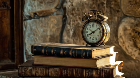 A vintage alarm clock atop old books; rustic wooden background enhances scene's antiquity.の素材