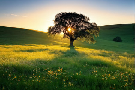 A lone tree in an open field at sunset with fields of yellow flowers blooming nearby.の素材