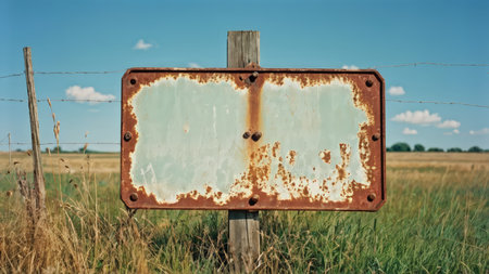 Rustic metal sign with barbed wire fence in rural setting; weathered white surface of sign shows significant rust at edges and top corners.の素材