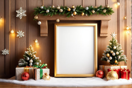 A festive scene featuring two decorated Christmas trees with golden ornaments, presents wrapped in gold and white paper accented with red ribbons, a garland of greenery draped acroの素材