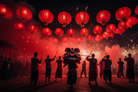 Thrilling Night Show Red Lanterns Overhead, Firecrackers Bursting, Spectacular Dragon Costume Performanceの素材