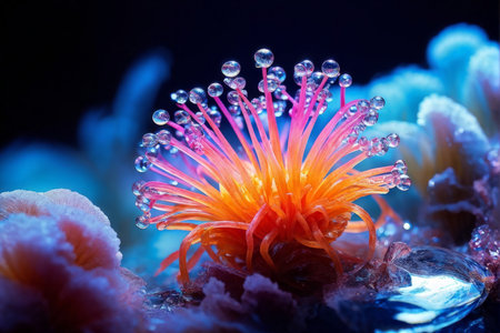 Amber Depths A Vivid CloseUp of Orange Coral with Pink Tips Amidst Shimmering Blue and Purple Coralsの素材