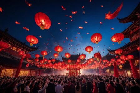 Stunning Night Scene of Red Lanterns Illuminating Asian Temple as People Cheer Under Dark Skies and Float Paper Lanterns Amidst Celebrationsの素材