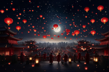 Silent Splendor Red Lanterns and Moonlit Traditions Over Ancient Asian Architecture at Nightの素材