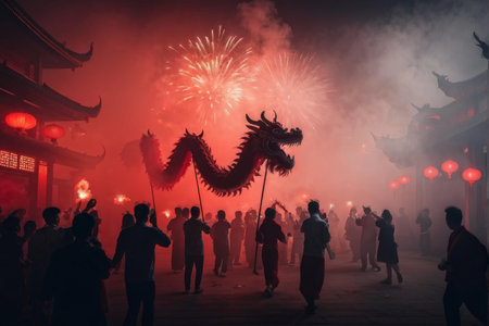 Stunning Fireworks Display Featuring Red Dragon Puppet Amidst Traditional Asian Architecture and Glowing Lanternsの素材