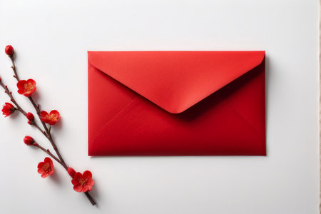 Seasonal Charm Elegant Red Envelope Featuring Blossoming Plum Trees Against a White Backgroundの素材