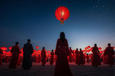 Silhouetted Against the Sky A Majestic Gathering Under Red Lanterns and Red Robesの素材