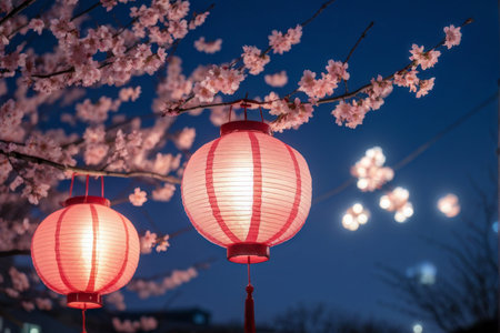 Cherry Blossom Nightfall A Glowing Symphony of Red Lanterns and Moonlit Bloomの素材