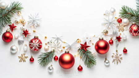 Jovial Winter Decorations Arrangement Pine Branches, Red and Silver Christmas Ornaments, Snowflakes, Stars, Balls, Ribbons on Plain Backgroundの素材