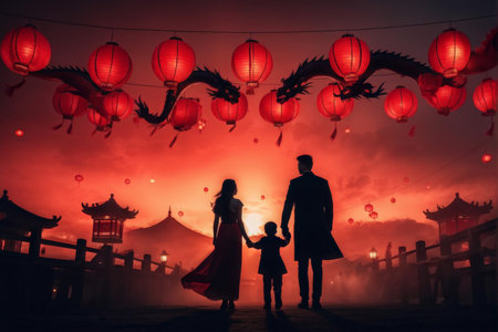 Silhouette of Asian Family Holding Hands Under Red Lanterns During Sunset or Sunrise Traditional Chinese Lantern Festival Sceneの素材