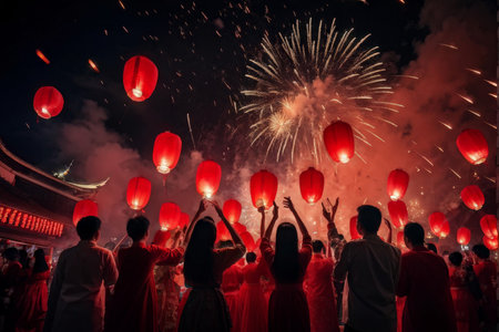 Adventures of LanternLighting Festival Celebrations Red Clothing, Fireworks, and Floating Lanterns Illuminate Asian Night Skiesの素材