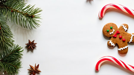 Seasonal Delights A Vibrant Christmas Composition Featuring Gingerbread Cookies, Icing Designs, Spices, and Greeneryの素材