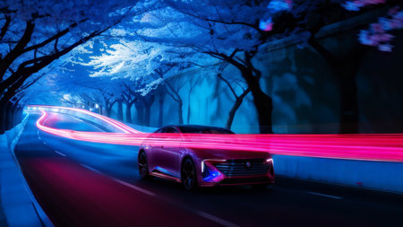 Spring Blossom Road Trip A Serene Long Exposure Photo Capturing Pink Flowers, Moving Lights, and Speeding Carsの素材
