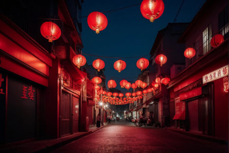 Enchanted Night Streets A RedLit Urban Avenue Glowing Under Lanterns at Midnightの素材