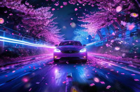 Cherry Blossom Night Road Trip Captivating Reflections Under Street Lightsの素材