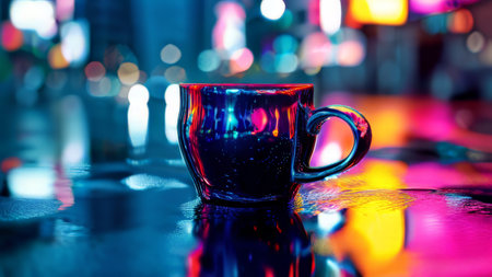 Glass Mug Reflects Blurry Lights Around It as Wet Surface Driesの素材