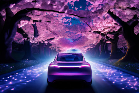 Cherry Blossoms and Future Mobility An Otherworldly EcoFuturistic Roadside Sceneの素材