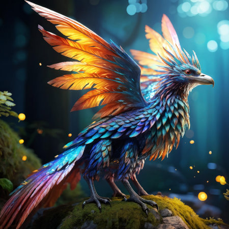 Enchanted Mythical Bird A Glowing MultiColored Fairy with Variegated Wing Colors Standing Among Yellow Lights in Foggy Mossの素材