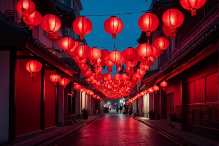Silken Shadows and Radiant Lanterns Captivating Asian Streetscape at Dusk or Nighttimeの素材