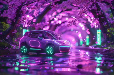 Introducing the Futuristic Cherry Blossom Road A NeonLit Driving Experience in the Futureの素材
