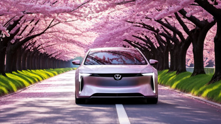 Charming Pink Flowers Accentuating the Splendor of a Car Driving Alongside a Serene Roadscapeの素材