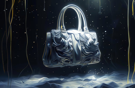 Metaphorical Mirrors A Shimmering Metallic Bag Floats Above Ripples in a Spellbinding Enchanted Lakeの素材