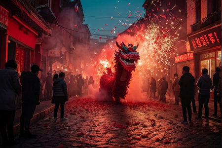 Animated Dragon Breathes Fire Amidst Red Streets and Festive Celebrations Chinese New Year Night Sceneの素材