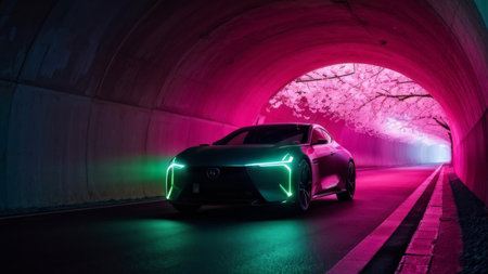 Neon Dreams in Pink Cherry Blossom Tunnel A Futuristic Driving Experience Through Natures Beautyの素材